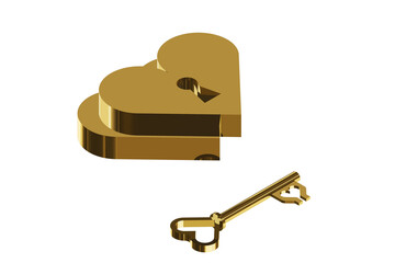 love, two golden hearts, with key and padlock, which key opens or closes a love? on white background illustration in 3D graphics. Valentine's Day celebration.