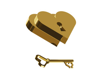 love, two golden hearts, with key and padlock, which key opens or closes a love? on white background illustration in 3D graphics. Valentine's Day celebration.