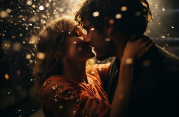 Beautiful young couple in love kissing and hugging in the night.