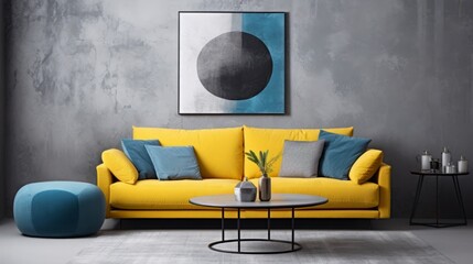 A yellow leather sofa with blue and white pillows in a modern living room, featuring rounded forms and a color scheme of light gray and dark azure.