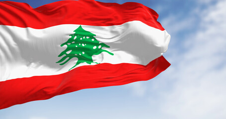 Lebanon national flag waving in the wind on a clear day.