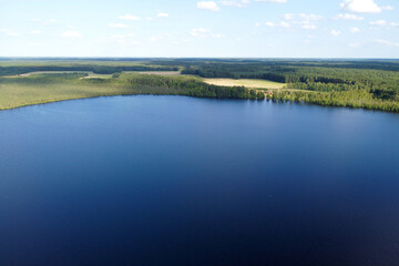 This aerial capture presents a vast, tranquil lake surrounded by a lush forest, creating a serene and expansive natural panorama