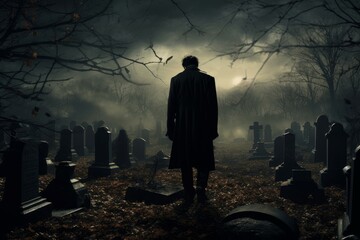 Gloomy Man graveyard night. Walking mystery. Generate Ai