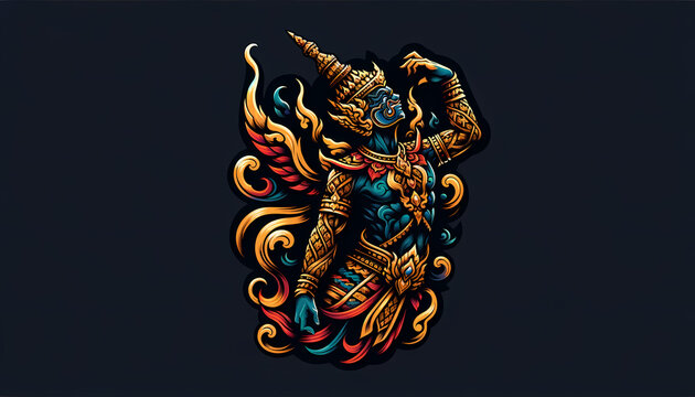 A photo and Logo design featuring a full-body character inspired by Thai art and rock style