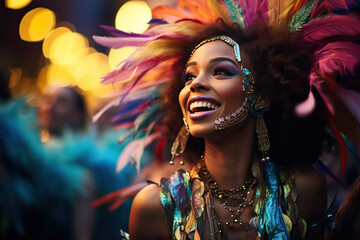 Brazilian female dancer smiling at carnival wearing feather costume. Generative AI.