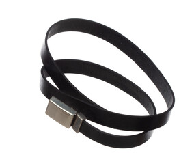 Black leather pvc belt roll in air. Classic Fashion black belt for business man and woman is formal style. White background isolated
