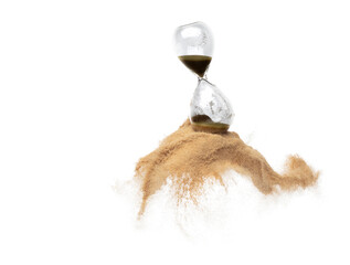 Hourglass and Sand fly in mid air, add more sand of time on gold sand over white background. Brown...