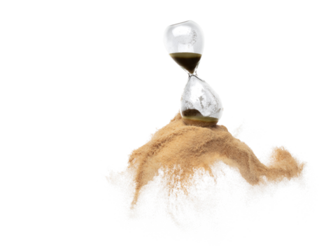 Hourglass and Sand fly in mid air, add more sand of time on gold sand over white background. Brown hourglass show more time Deadline extended time management hope concept hour glass