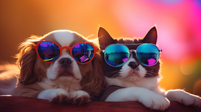 Cat and dog with sunglasses on a solid color background.
