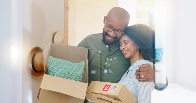 Real estate, box and hug with a black couple moving house for growth, investment or mortgage. Property, love or smile with a happy man and woman in their new home or apartment together for romance
