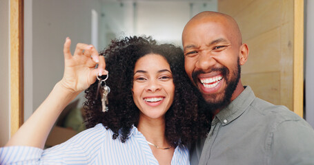 Couple, portrait and keys at front door, new home and excited with pride, care and bonding. African...