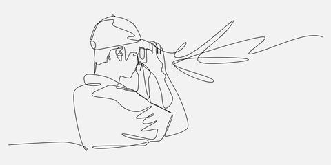 photographer taking picture with camera in continuous one line drawing style. editable stroke. vector illustration