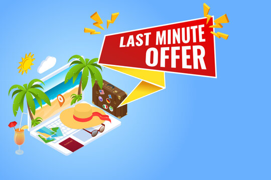 Isometric Sale Timer tag. Sale banner or Promotion. Red Last Minute Offer button sign, Bag, passport, camera, tickets and Passenger airplane. Luxury vacation.