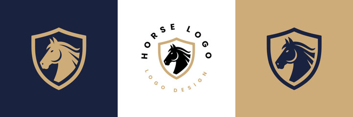 Horse shield vector logo template, Horse head logo and shield icon inspiration, Horse Head on Shield Logo design vector template, Equestrian Logotype emblem icon vintage style.