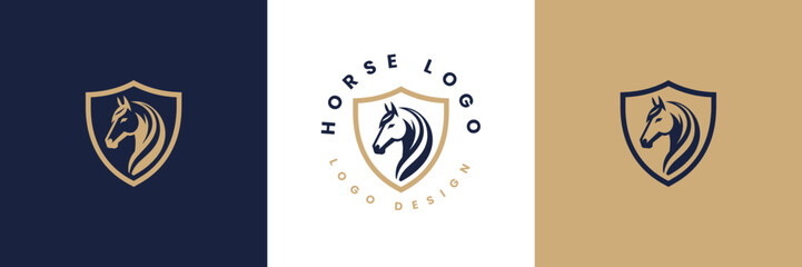 Horse shield vector logo template, Horse head logo and shield icon inspiration, Horse Head on Shield Logo design vector template, Equestrian Logotype emblem icon vintage style.