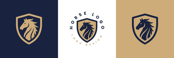Horse shield vector logo template, Horse head logo and shield icon inspiration, Horse Head on Shield Logo design vector template, Equestrian Logotype emblem icon vintage style.
