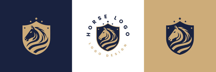 Horse shield vector logo template, Horse head logo and shield icon inspiration, Horse Head on Shield Logo design vector template, Equestrian Logotype emblem icon vintage style. - obrazy, fototapety, plakaty