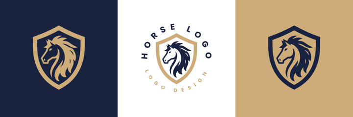 Horse shield vector logo template, Horse head logo and shield icon inspiration, Horse Head on Shield Logo design vector template, Equestrian Logotype emblem icon vintage style.