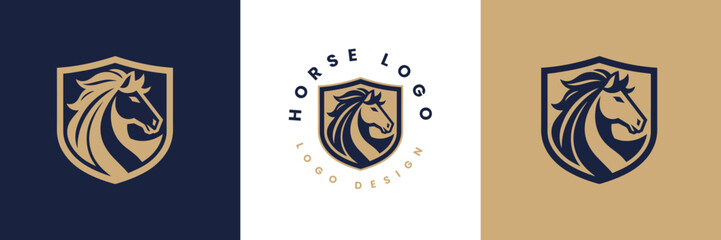 Horse shield vector logo template, Horse head logo and shield icon inspiration, Horse Head on Shield Logo design vector template, Equestrian Logotype emblem icon vintage style.
