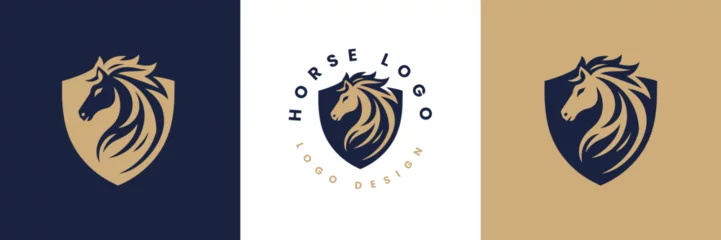 Fotobehang Horse shield vector logo template, Horse head logo and shield icon inspiration, Horse Head on Shield Logo design vector template, Equestrian Logotype emblem icon vintage style. © iamfrk7