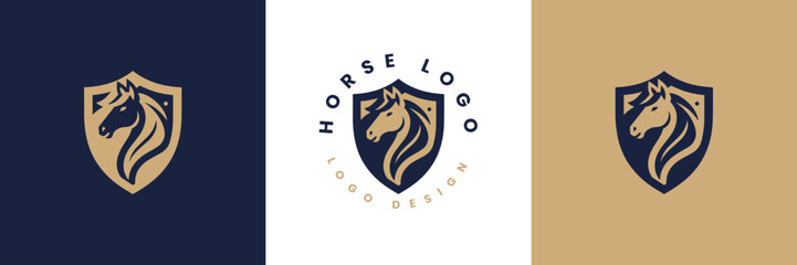 Horse shield vector logo template, Horse head logo and shield icon inspiration, Horse Head on Shield Logo design vector template, Equestrian Logotype emblem icon vintage style.
