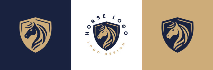 Horse shield vector logo template, Horse head logo and shield icon inspiration, Horse Head on Shield Logo design vector template, Equestrian Logotype emblem icon vintage style.