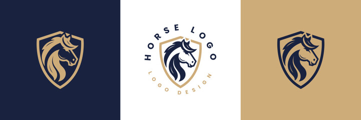 Horse shield vector logo template, Horse head logo and shield icon inspiration, Horse Head on Shield Logo design vector template, Equestrian Logotype emblem icon vintage style.