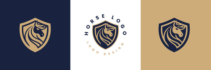 Horse shield vector logo template, Horse head logo and shield icon inspiration, Horse Head on Shield Logo design vector template, Equestrian Logotype emblem icon vintage style. - obrazy, fototapety, plakaty
