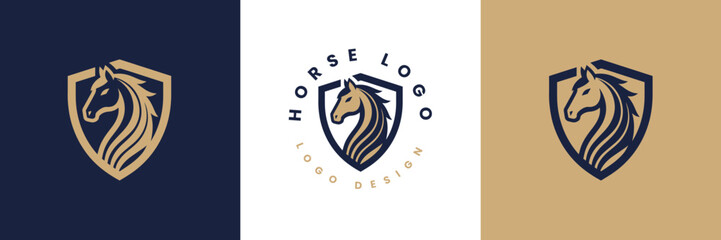 Horse shield vector logo template, Horse head logo and shield icon inspiration, Horse Head on Shield Logo design vector template, Equestrian Logotype emblem icon vintage style.
