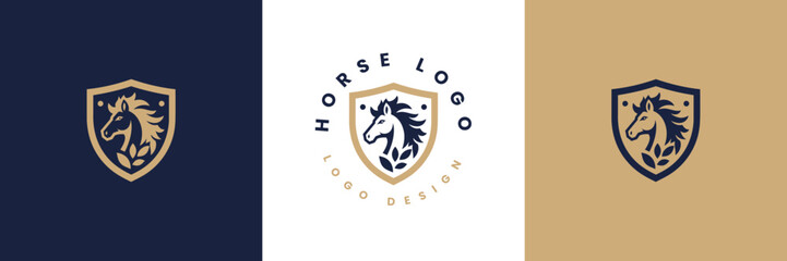 Horse shield vector logo template, Horse head logo and shield icon inspiration, Horse Head on Shield Logo design vector template, Equestrian Logotype emblem icon vintage style.