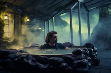 Relaxing Man spa jacuzzi. Luxury bath. Generate Ai - obrazy, fototapety, plakaty