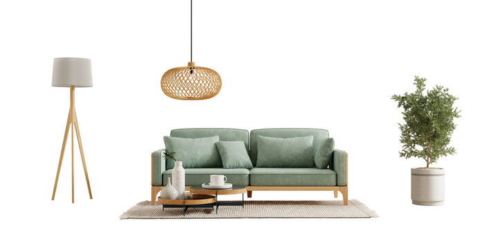 Green sofa and decor on transparent background.3d rendering