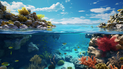View of coral reefs and fish with a sky background.