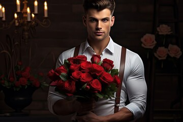 A man holds a bouquet of red roses in his hands. Valentine's Day. Birthday. Holiday. Present