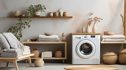 washing machines in a clean utility laundry room or washing service room interior front view shot as mockup design with copy space area - obrazy, fototapety, plakaty
