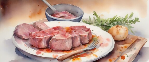 肉料理、ステーキ、水彩画、背景｜Meat dishes, steak, watercolor, background. Generative AI