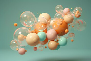 Abstract 3d rendering of multicolored bubble spheres on pastel background