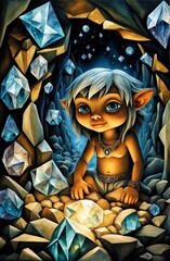 a dwarf sitting in a cave full of jewels