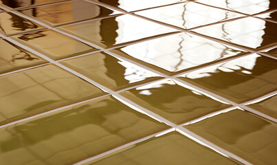 Close up of a Khaki glossy ceramic tile floor, Generative AI 