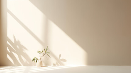 Beige Interior with Potted Plant and Sunlight Shadows