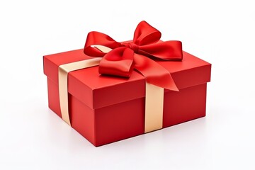 A red box with a bow lies on a white background. Valentine's Day. Birthday. Holiday. Present. copyspace