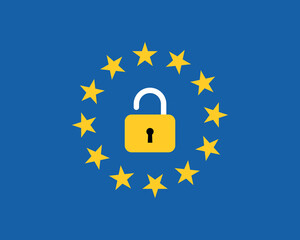 European union flag with an open lock symbol vector illustration. - obrazy, fototapety, plakaty