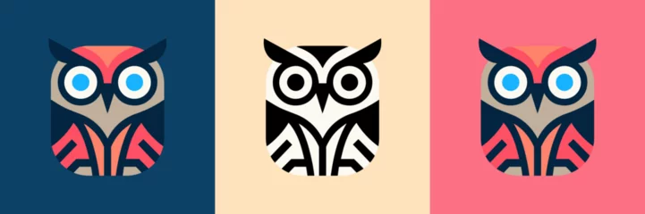 Tuinposter Uiltjes owl shield logo design vector illustration, Owl Logo icon shield wing creative Modern Design, Owl and shield Logo Template