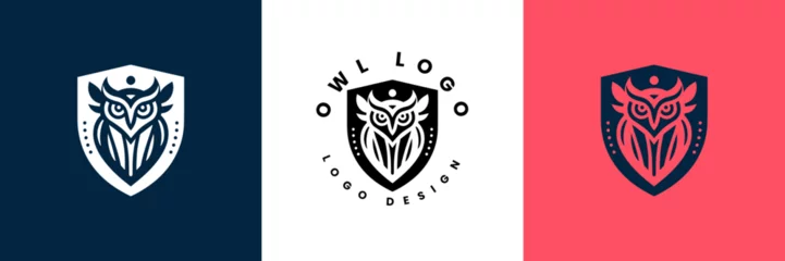 Papier Peint photo Dessins animés de hibou owl shield logo design vector illustration, Owl Logo icon shield wing creative Modern Design, Owl and shield Logo Template