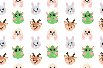 Seamless pattern with cute christmas deer,  bunny, rabbit or dragon in flat style. Christmas holiday vector illustration of kawaii animals. Head of deer in childish style isolated on white background