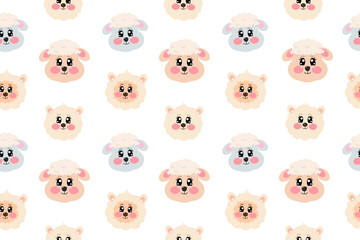 Fototapeta premium Seamless pattern with cute kawaii alpaca, lamb, ewe, sheep face, head for nursery, print or textile for kids. Vector cartoon illustration for baby, children
