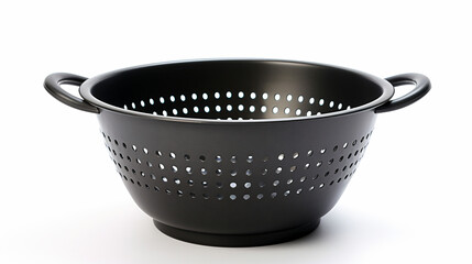 a black colander with handles on a white background