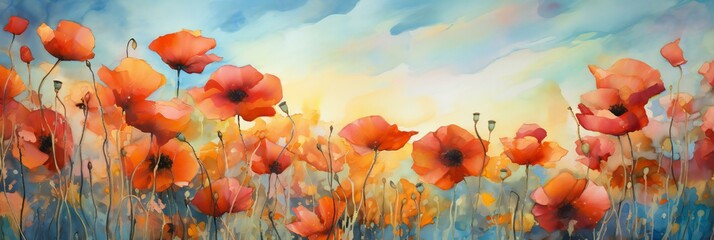 Breathtaking Panorama of Vivid Red Poppies Field, Impressionist Floral Art, Serene Sky Background Website Banner