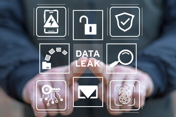 Man using virtual touch screen presses inscription: DATA LEAK. Data leakage concept. Data privacy...