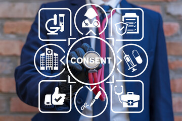 Doctor using virtual touch screen sees word: CONSENT. Medical informed consent concept. Healthcare consent management, compliance. - obrazy, fototapety, plakaty